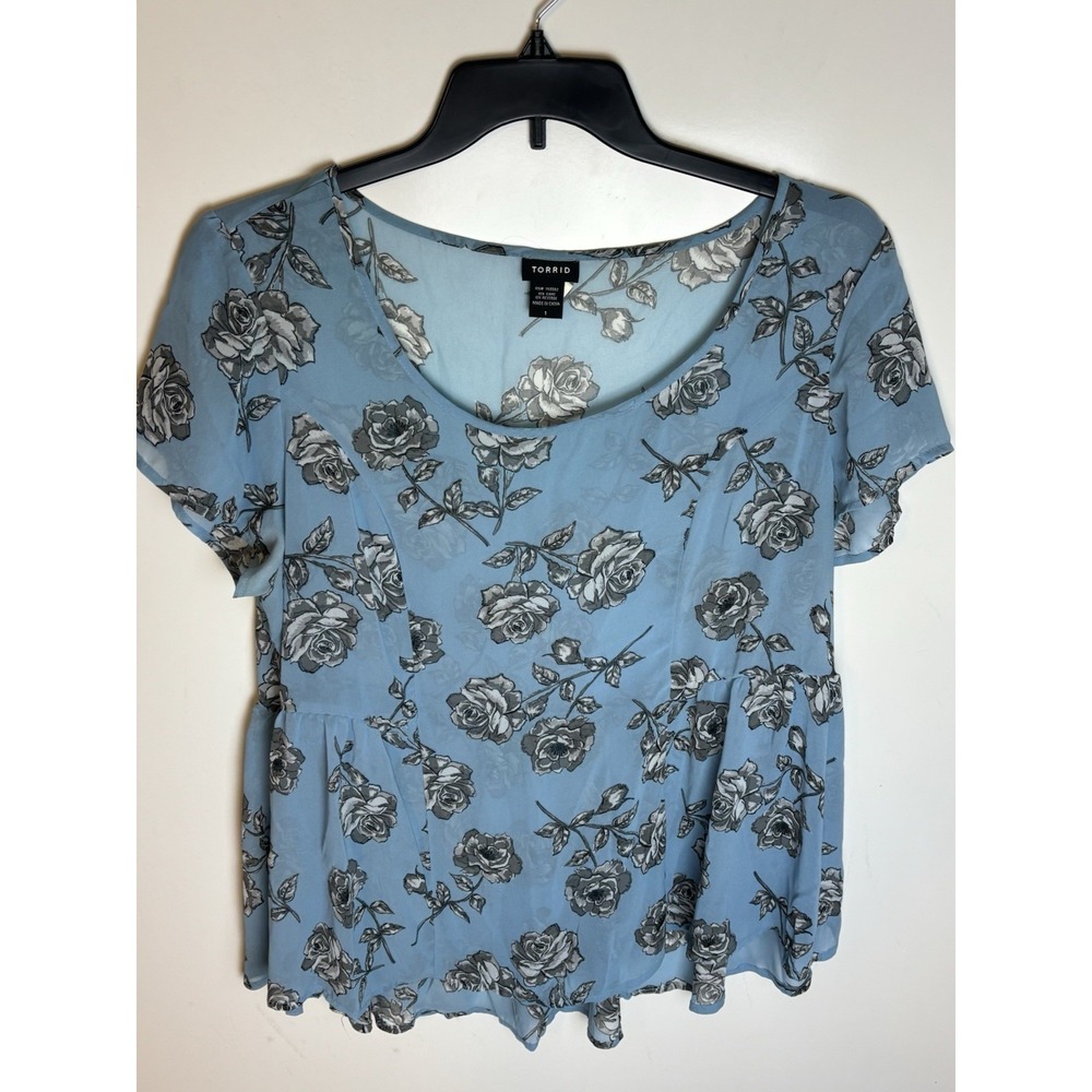 Torrid Blue Floral Chiffon Polyester Sheer Pullover Blouse Women's 1 (1X)